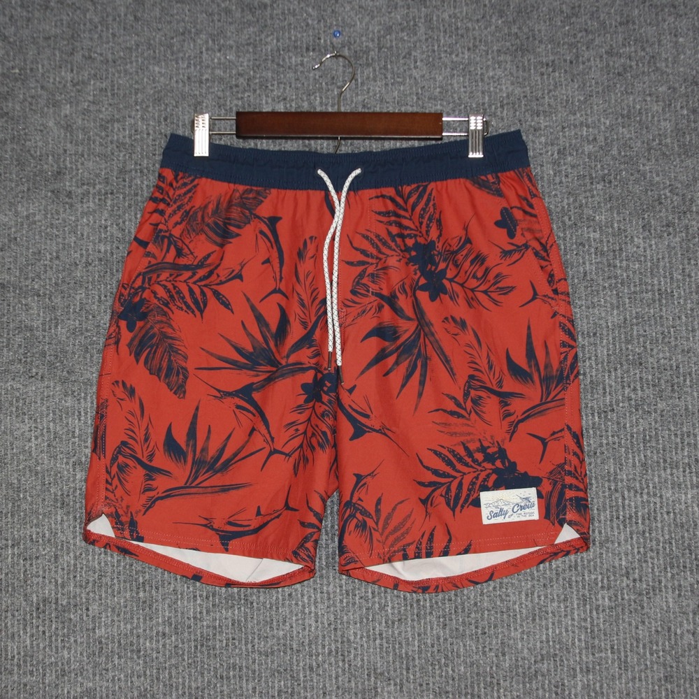 Salty Crew Mens Swim Trunks Shorts Orange Navy Tropical Fish Floral Print Medium